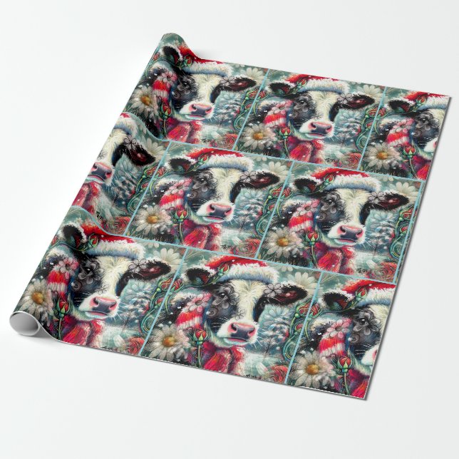 Papier Cadeau Cow Dreaming of Warmer Times Floral Decoupage (Déroulé)