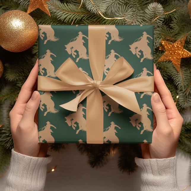 Papier Cadeau Cowboy Horse Western Sur Dark Green Christmas (Créateur téléchargé)