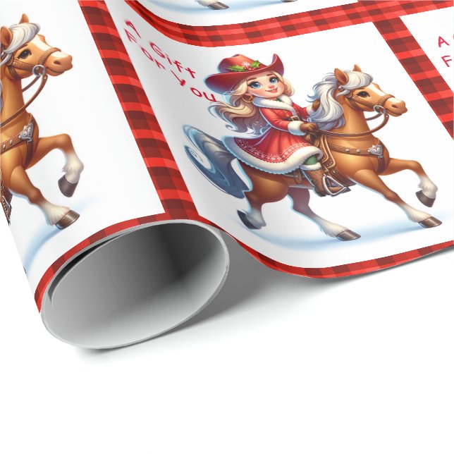 Papier Cadeau Cowgirl Père Noël Sur Horse Western Rodeo Noël (Coin rond)