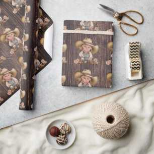 Papier Cadeau Cowgirl western brûlé brun bois à grain rustique