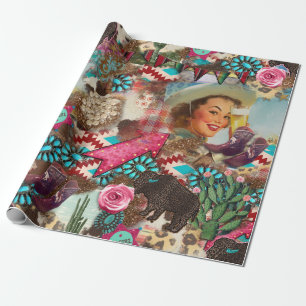 Papier Cadeau Cowgirl western collage turquoise bottes chic fill