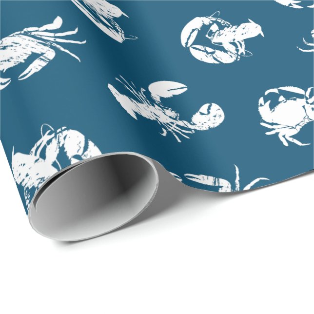 Papier Cadeau Crabe de homard Bleu Blanc Fruits de mer Imprimer (Coin rond)