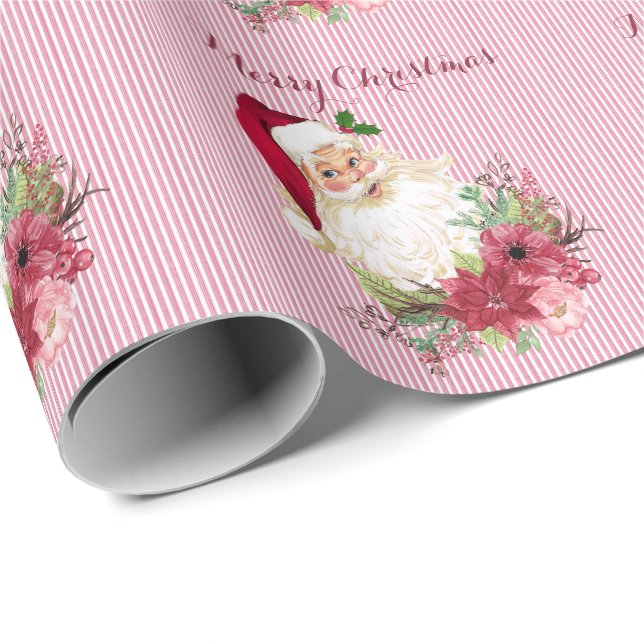Papier Cadeau Cranberry Floral Santa Claus Stripe Poinsettia (Coin rond)