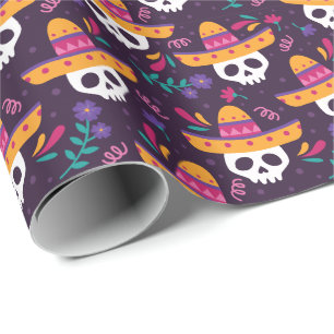 Papier Cadeau Crâne à sucre floral avec Sombrero
