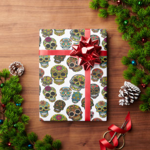 Papier Cadeau Crâne à sucre - Motif traditionnel (blanc)