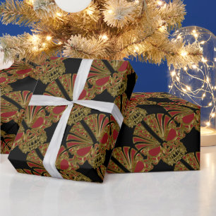 Papier Cadeau Crâne à sucre rouge et or crâne