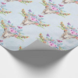 Papier Cadeau Crâne animal de Boho avec des papillons et des
