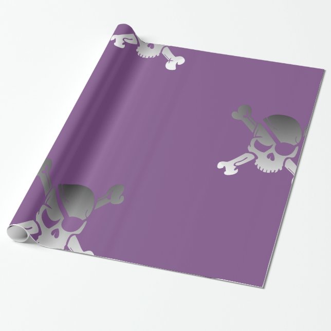 Papier Cadeau Crâne de pirate funky sur violet (Déroulé)