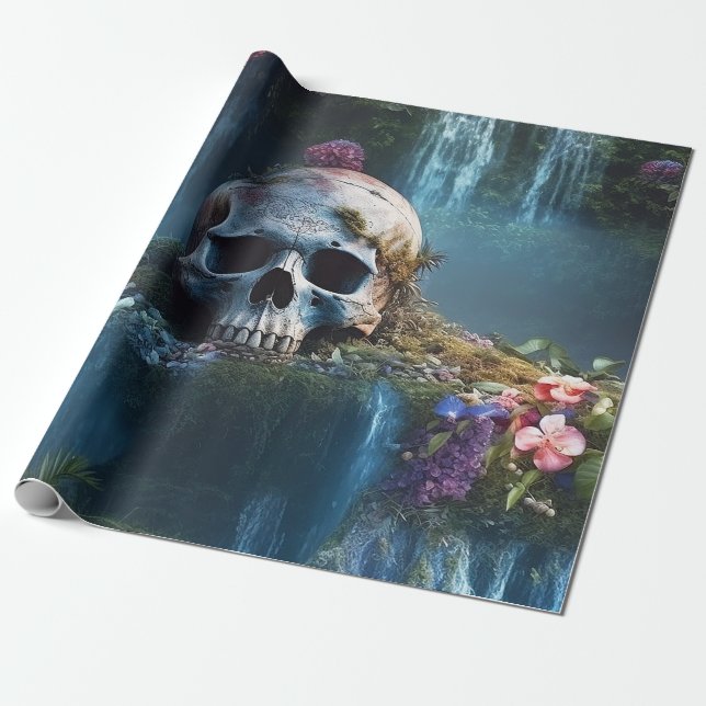 Papier Cadeau Crâne entre cascades et fleurs (Déroulé)