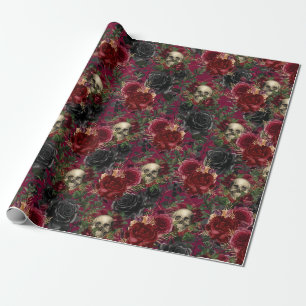 Papier Cadeau Crâne et roses gothiques vintage rouge et noir
