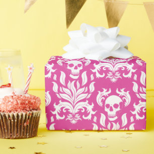 Papier Cadeau Crâne flamme Damas en blanc croustillant sur rose