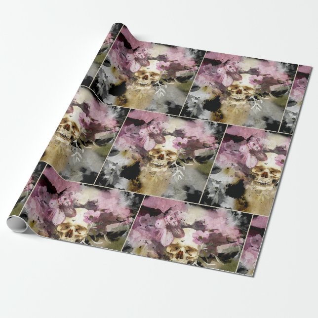 Papier Cadeau Crâne floral rose Abstrait (Déroulé)
