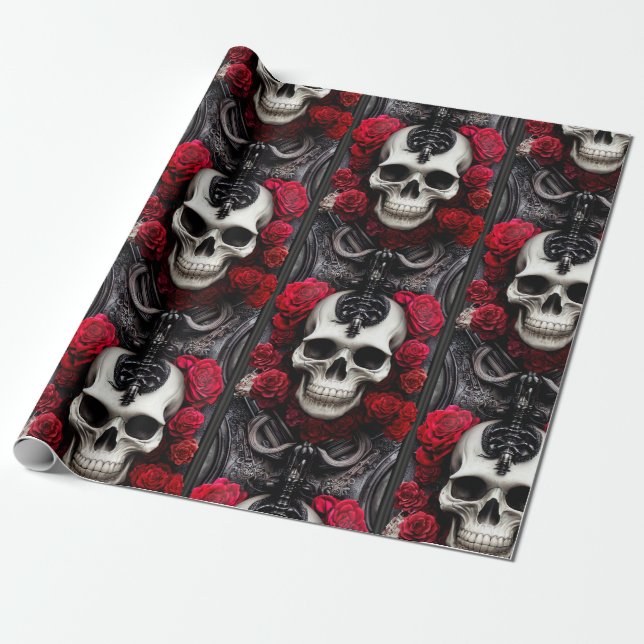 Papier Cadeau Crâne foncé et gothique et Rose (Déroulé)