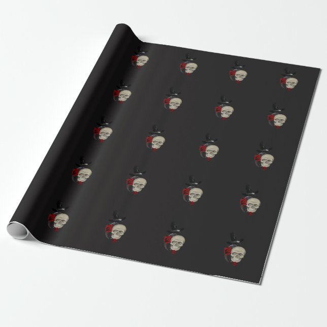 Papier Cadeau Crâne gothique avec Rose et corbeau (Déroulé)