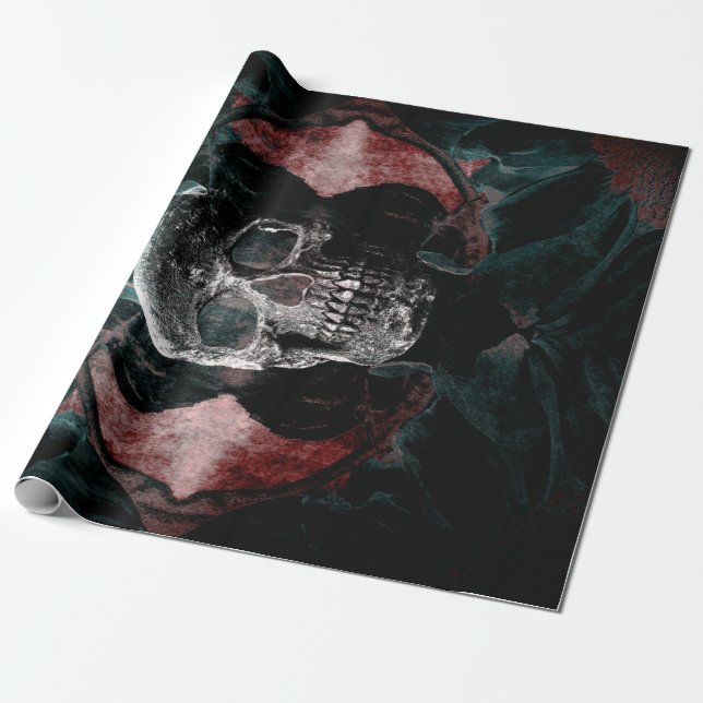Papier Cadeau Crâne Gothique Floral Turquoise Noir Rouge Grunge  (Déroulé)