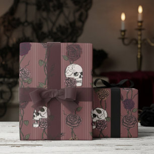 Papier Cadeau Crâne gothique mauve foncé et rayures de rose