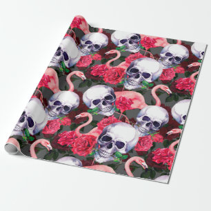 Papier Cadeau Crâne humain avec flamants et fleurs de rose rouge