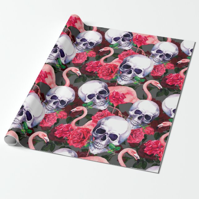 Papier Cadeau Crâne humain avec flamants et fleurs de rose rouge (Déroulé)