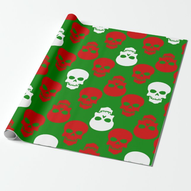Papier Cadeau crâne moche de Noël rouge blanc vert (Déroulé)