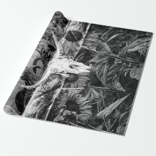 Papier Cadeau Crâne Rustique Floral Noir Et Blanc