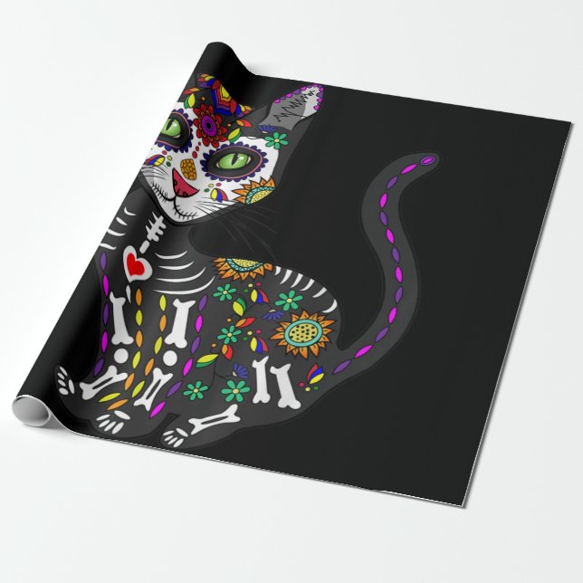 Papier Cadeau Crâne sucre Chat mexicain Halloween Jour De La Mor (Déroulé)