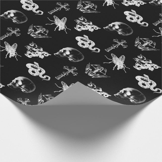 Papier Cadeau Crânes à rayons X Serpents croix Halloween noir bl (Coin)