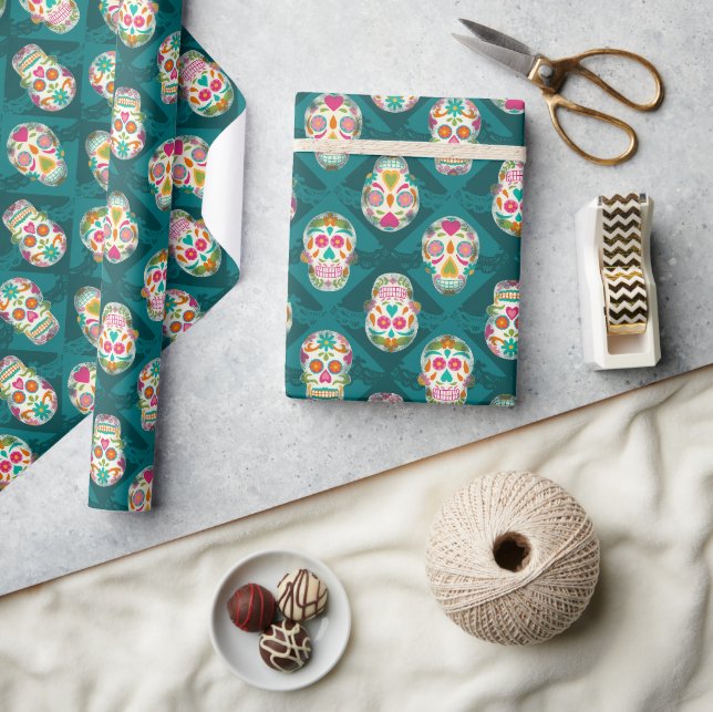 Papier Cadeau Crânes à sucre Dia De Los Muertos (Artisanat)