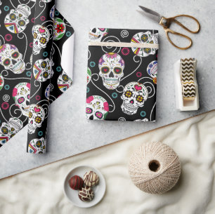 Papier Cadeau Crânes à sucre et torsades Noir ID725