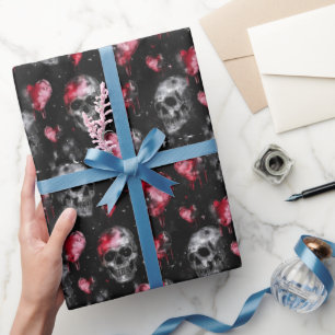 Papier Cadeau Crânes d'amour gothique et Coeurs rouges