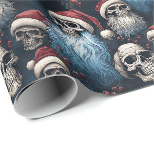 Papier Cadeau Crânes de Père Noël gothique bleu et noir Cadeau d