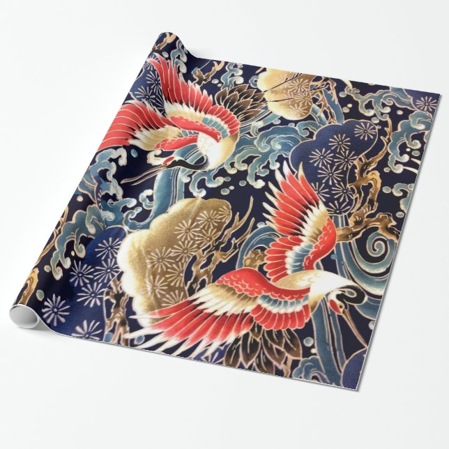Papier Cadeau CRANES DE VOL, VAGUES, FLEURS DE PRINTEMPS Japonai (Déroulé)