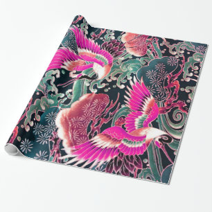 Papier Cadeau CRANES DE VOL, VAGUES, FLEURS Rose Japonais Floral
