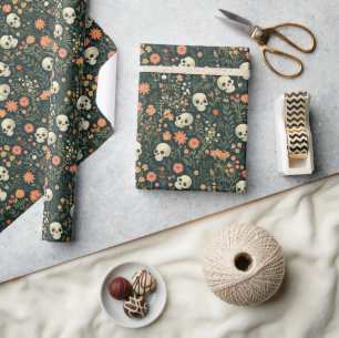 Papier Cadeau Crânes et fleurs Halloween vert