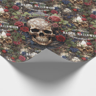 Papier Cadeau Crânes et Rose Bleu Floral Gothique Halloween