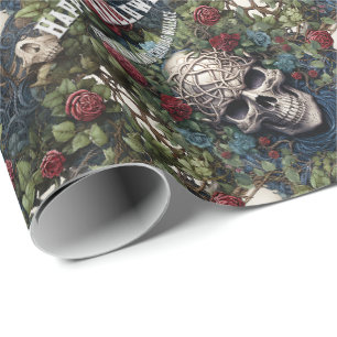 Papier Cadeau Crânes et Rose Bleu Floral Gothique Halloween