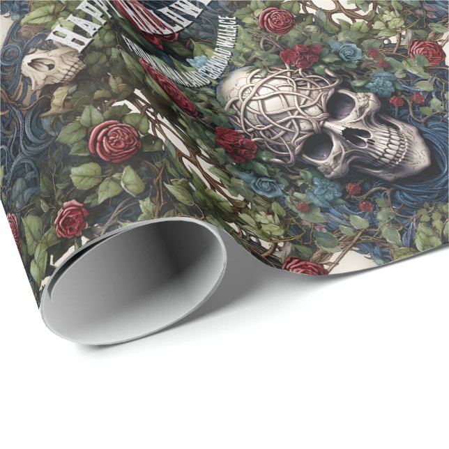 Papier Cadeau Crânes et Rose Bleu Floral Gothique Halloween (Coin rond)
