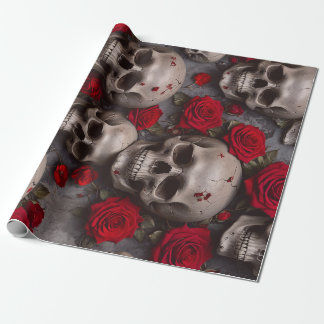 Papier Cadeau Crânes Et Roses Rouges Enveloppant Du Papier