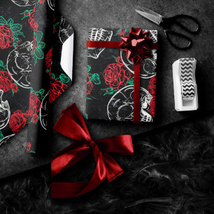 Papier Cadeau Crânes et roses rouges Grunge gothique moderne