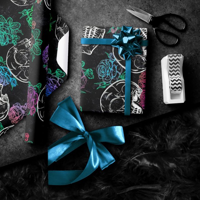 Papier Cadeau Crânes et Roses sombres | Funky Glam Ombre Grunge (Créateur téléchargé)