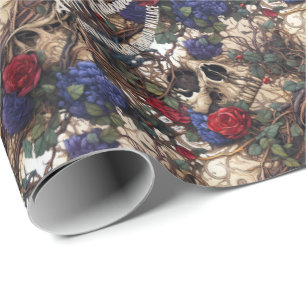 Papier Cadeau Crânes floraux Roses Fleurs bleues gothiques