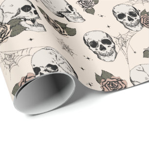 Papier Cadeau Crânes gothiques blancs antiques et Halloween Rose