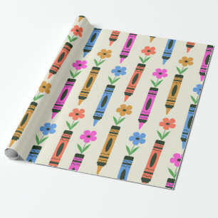 Papier Cadeau Crayons de couleur de l'école avec motif de fleurs