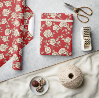 Papier Cadeau Cream Roses on Red Toile De Jouy