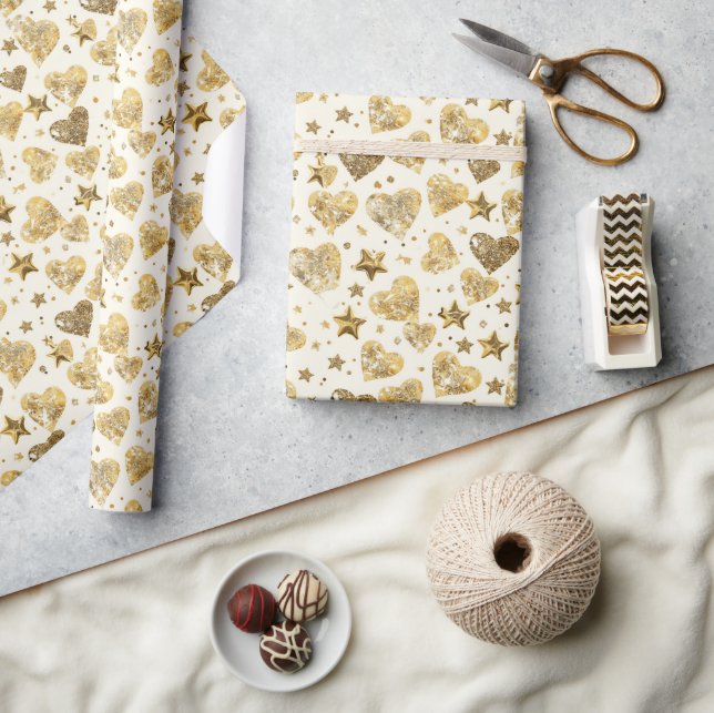 Papier Cadeau Cream With Gold Sparkle Hearts (Artisanat)