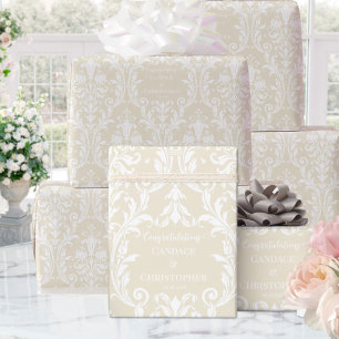 Papier Cadeau Creamy Almond White Damask Ajouter Nom Félicitatio