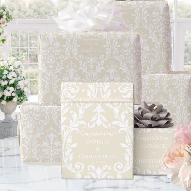Papier Cadeau Creamy Almond White Damask Ajouter Nom Félicitatio (Créateur téléchargé)