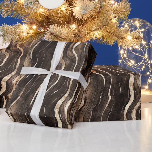 Papier Cadeau Creamy Brown Chocolate Gold Wavy Stripes Christmas (Vacances)