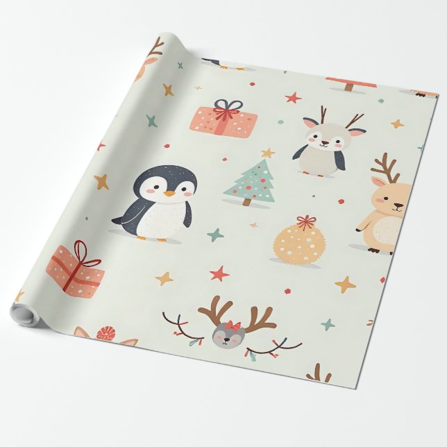 Papier Cadeau Create Your Own Green Kawaii Christmas Animals (Déroulé)