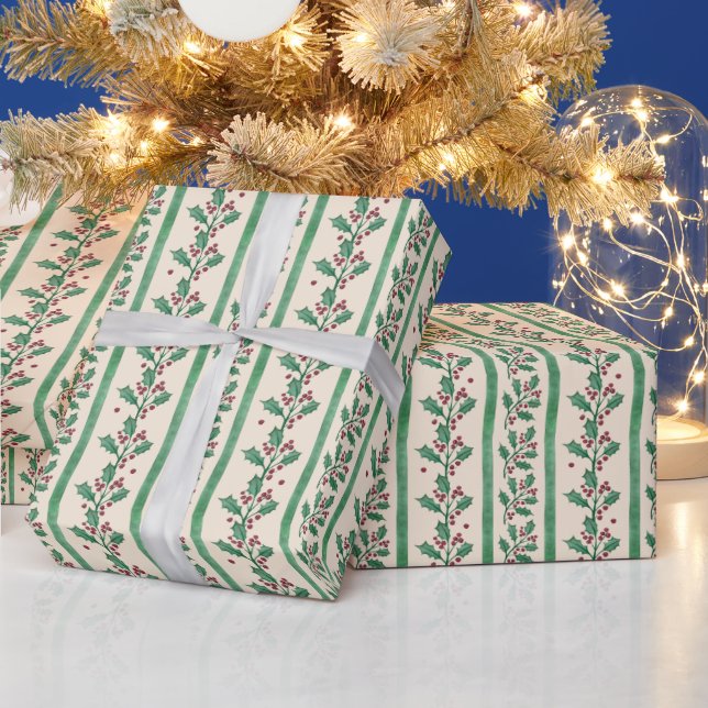 Papier Cadeau Creative elegant retro green stripes holy berry (Vacances)