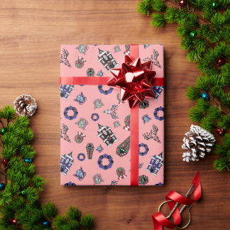 Papier Cadeau Creepmas Motif avec crânes, Maison hantée, Wreath